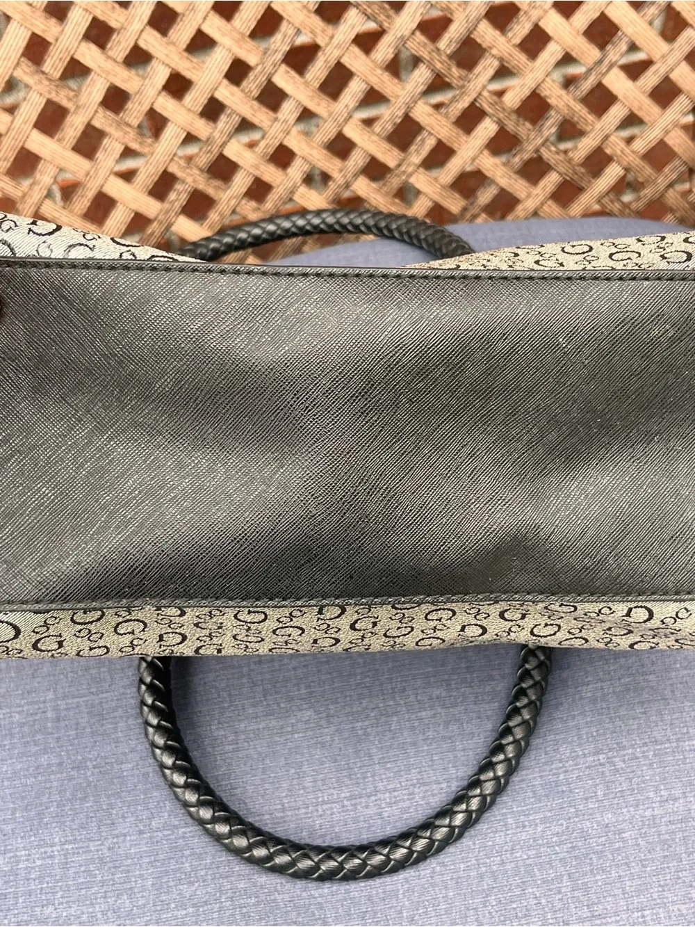 GUESS Beige Monogram Satchel with Black Braided Handles